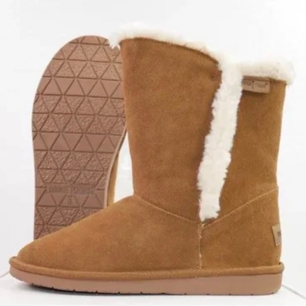 Minnetonka NEW Suede Fur Shearling Trim Winter Boots Tan 8M - Women’s